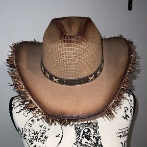 Women Western Brown Straw Cowboy Hat with Fringe